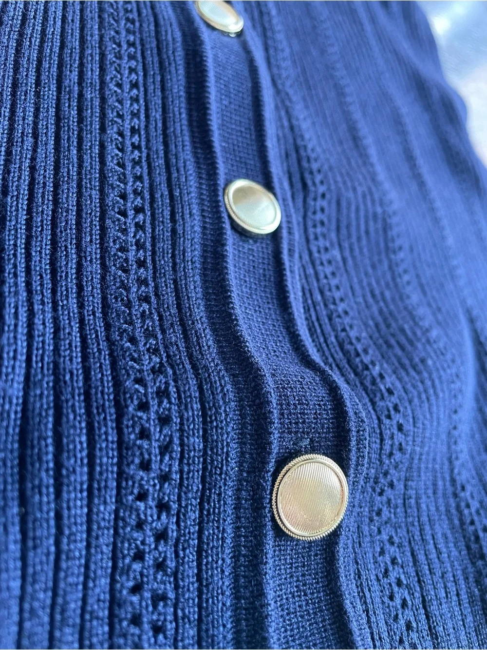 Lucky Brand Ribbed Knit Midi Dress XS Navy Gold Button Nautical Tie Belt NWT